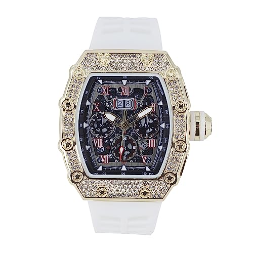 CHARLES RAYMOND Herren Luxus Iced Out Kristalle Diamant Uhr mit einzigartiger Tonneau-Form, bequemes Silikonband, zeigen Sie Ihren Stil Design, ST10526 Weißgold, ST10526 Weißgold von Charles Raymond