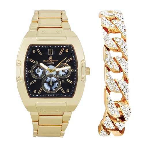 CHARLES RAYMOND Luxuriöse Herren-Armbanduhr mit Kristallen, einzigartige Tonneau-Form, bequemes Silikonband, zeigen Sie Ihren Stil, ST10542-C GLD BLK, ST10542-C GLD BLK von Charles Raymond