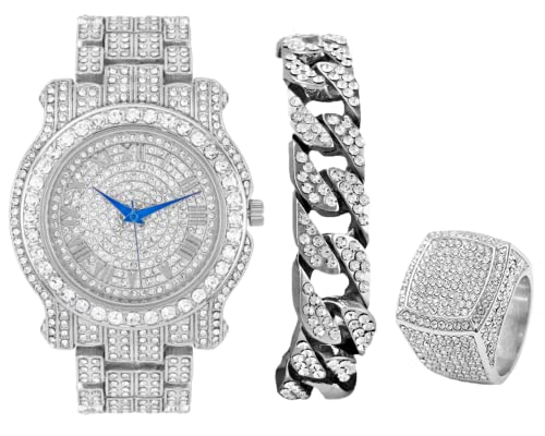 Charles Raymond Bling-ed Out L0504 BR 3-teiliges Set für Herren mit kubanischem Armband und Iced King Ring – L0504 BR 3-teiliges Set (9, Silber) von Charles Raymond
