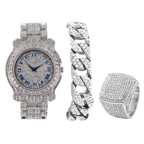 Charles Raymond Bling-ed Out L0504 BR L0504 BR Runde Luxus-Herrenuhr mit kubanischem Armband und Iced King Ring, 3-teiliges Set, Silber #Blue, 10, Modern von Charles Raymond