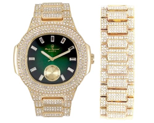 Charles Raymond Blinged Out 8475BM Herren-Armbanduhr mit länglichem Gehäuse und passendem Armband, ST10235 VO GLD GRN -B, ST10235 VO GLD GRN -B von Charles Raymond