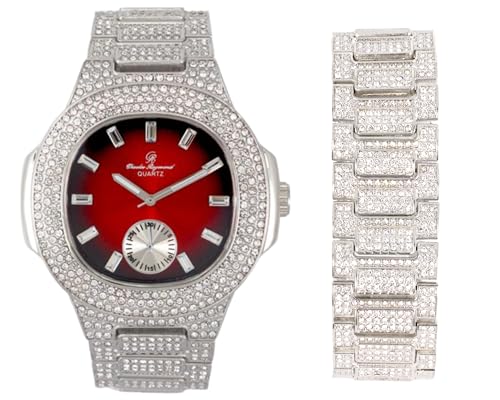 Charles Raymond Blinged Out 8475BM Herren-Armbanduhr mit länglichem Gehäuse und passendem Armband, ST10235 VO SLV RED -B, ST10235 VO SLV RED -B von Charles Raymond