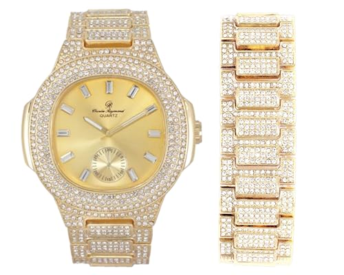 Charles Raymond Blinged Out 8475BM Herren-Armbanduhr mit länglichem Gehäuse und passendem Armband, ST10235 VO Shiny Gld -B, ST10235 VO Shiny Gld -B von Charles Raymond