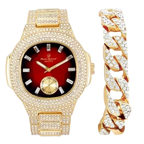 Charles Raymond Blinged Out Längliches Gehäuse Metall Herrenuhr mit Blinged Out Armband Set - 8475BM, ST10235 VO GLD RED - Kubanisch, 9 inches, ST10235 VO GLD RED - Kubanisch von Charles Raymond