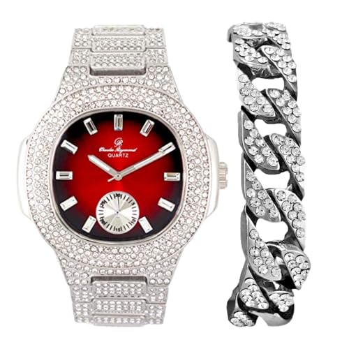 Charles Raymond Blinged Out Längliches Gehäuse Metall Herrenuhr mit Blinged Out Armband Set - 8475BM, ST10235 VO SLV RED - Kubanisch, 9 inches, ST10235 VO SLV RED - Kubanisch von Charles Raymond