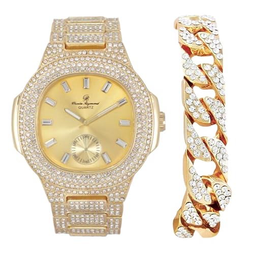 Charles Raymond Blinged Out Längliches Gehäuse Metall Herrenuhr mit Blinged Out Armband Set - 8475BM, ST10235 VO Shiny Gld - Cuban, 9 inches, ST10235 VO Shiny Gld - Cuban von Charles Raymond