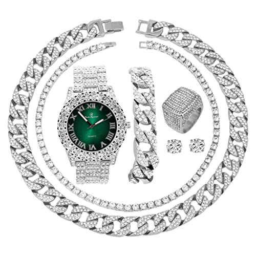 Fully Iced Herren Big Rocks Zifferblatt mit römischen Ziffern, kubanisches Kettenarmband, kubanische Halskette, Tenniskette und Ring – ST10327CRNT, Silber – Geld-Grün, 9, ST10327CRNT von Charles Raymond
