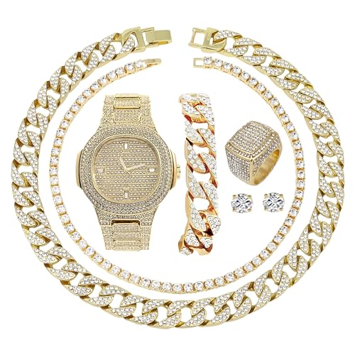 Fully Iced ST10327CRNT Herren Big Rocks Lünette Farbzifferblatt mit römischen Ziffern, kubanisches Kettenarmband, kubanische Halskette, Tenniskette und Ring, 8967 Gold, 8, 8967 Gold, 8 von Charles Raymond