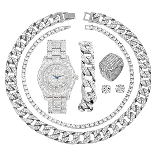 Fully Iced ST10327CRNT Herren Big Rocks Lünette Farbzifferblatt mit römischen Ziffern, kubanisches Kettenarmband, kubanische Halskette, Tenniskette und Ring, Classic Silver Slv R#, 9, ST10327CRNT (9 von Charles Raymond