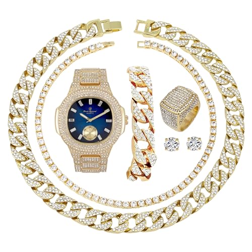 Fully Iced ST10327CRNT Herren Big Rocks Lünette Farbzifferblatt mit römischen Ziffern, kubanisches Kettenarmband, kubanische Halskette, Tenniskette und Ring, ST10235 VO GLD BLUE, 11, ST10235 VO GLD von Charles Raymond