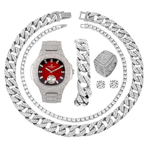 Fully Iced ST10327CRNT Herren Big Rocks Lünette Farbzifferblatt mit römischen Ziffern, kubanisches Kettenarmband, kubanische Halskette, Tenniskette und Ring, ST10235 VO SLV RED, 12, ST10235 VO SLV RED von Charles Raymond