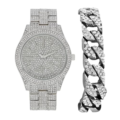 Iced ST10226B Herren-Armbanduhr mit passendem Rolly oder kubanischem Hip-Hop-Armband – Ihre Wahl! – Große Strasssteine auf dem Rand und elegante Baguette-Zeitanzeigen auf dem Zifferblatt – Master von Charles Raymond