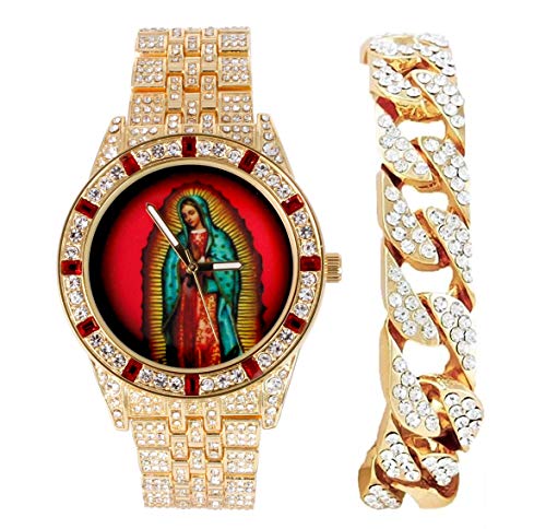 Mary Mother of God Timepiece – Die Jungfrau von Guadalupe gesegnetes Zifferblatt – Hip Hop Metall Bling Out Cuban Armband – ST10361CB 9.5 inches Gold B von Charles Raymond