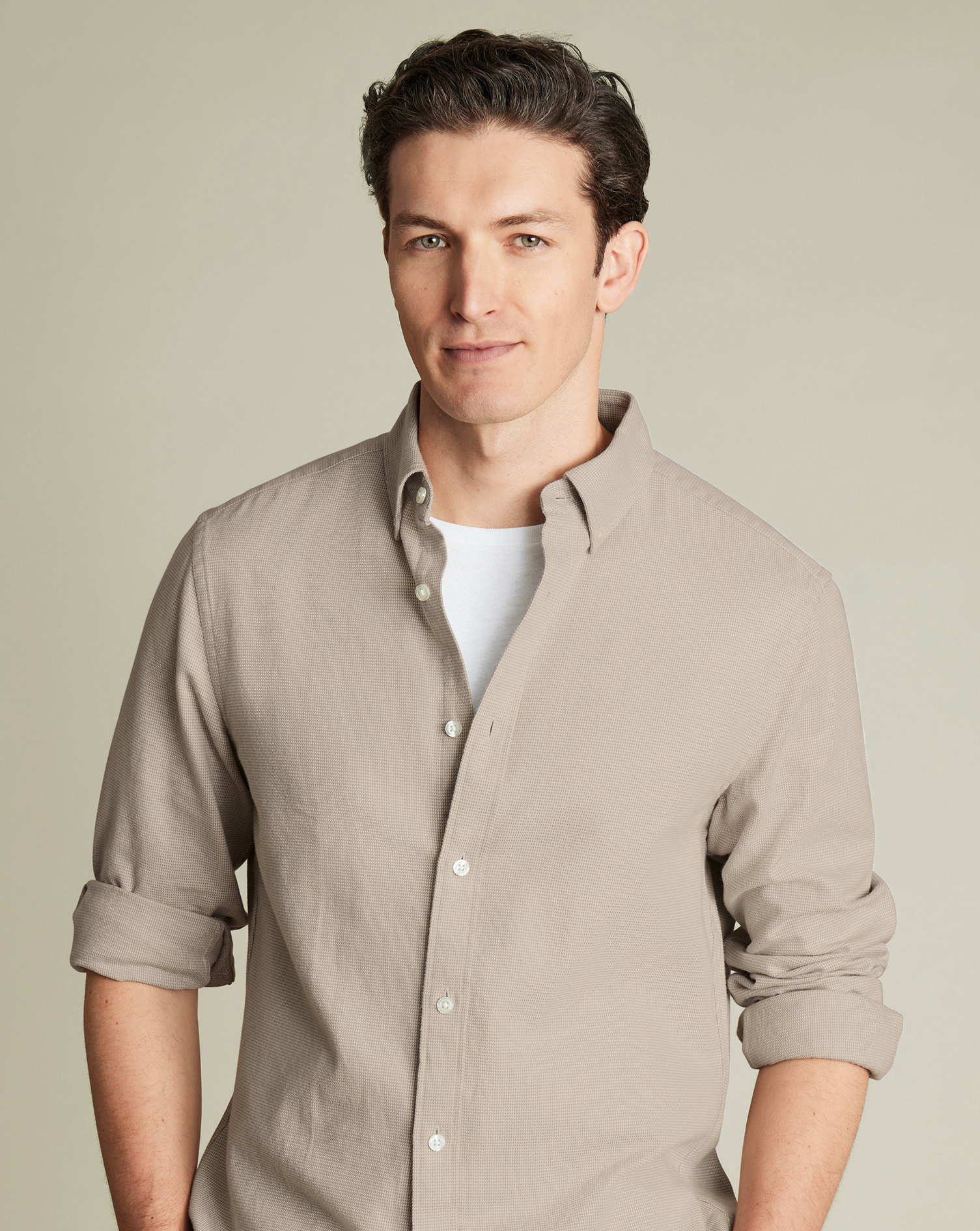 Charles Tyrwhitt Flanellhemd aus Dobby-Gewebe - Taupe von Charles Tyrwhitt