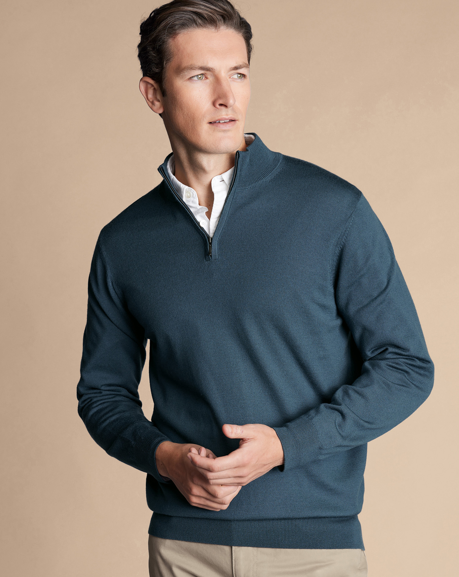 Charles Tyrwhitt Pullover aus Merinowolle mit Reißverschlusskragen - Petrolblau von Charles Tyrwhitt