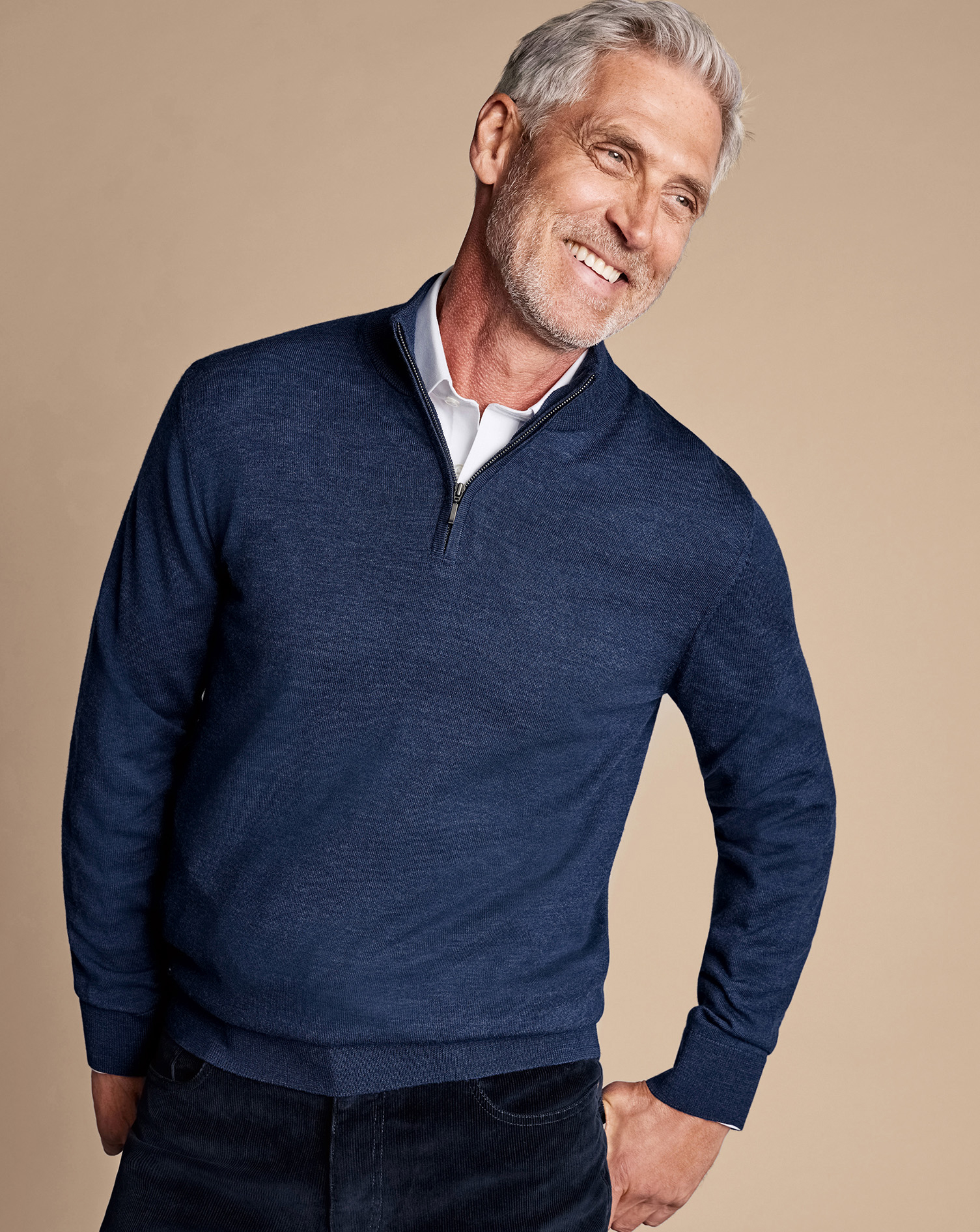 Charles Tyrwhitt Pullover aus Merinowolle mit Reißverschlusskragen - Tintenblau von Charles Tyrwhitt