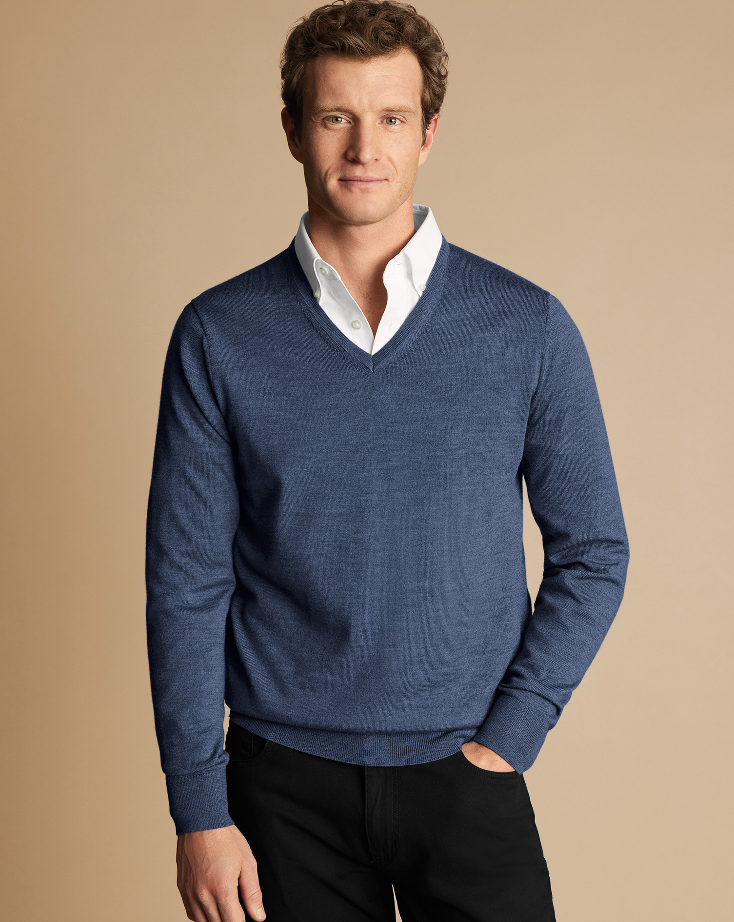 Charles Tyrwhitt Pullover aus Merinowolle mit V-Ausschnitt - Indigoblau meliert von Charles Tyrwhitt