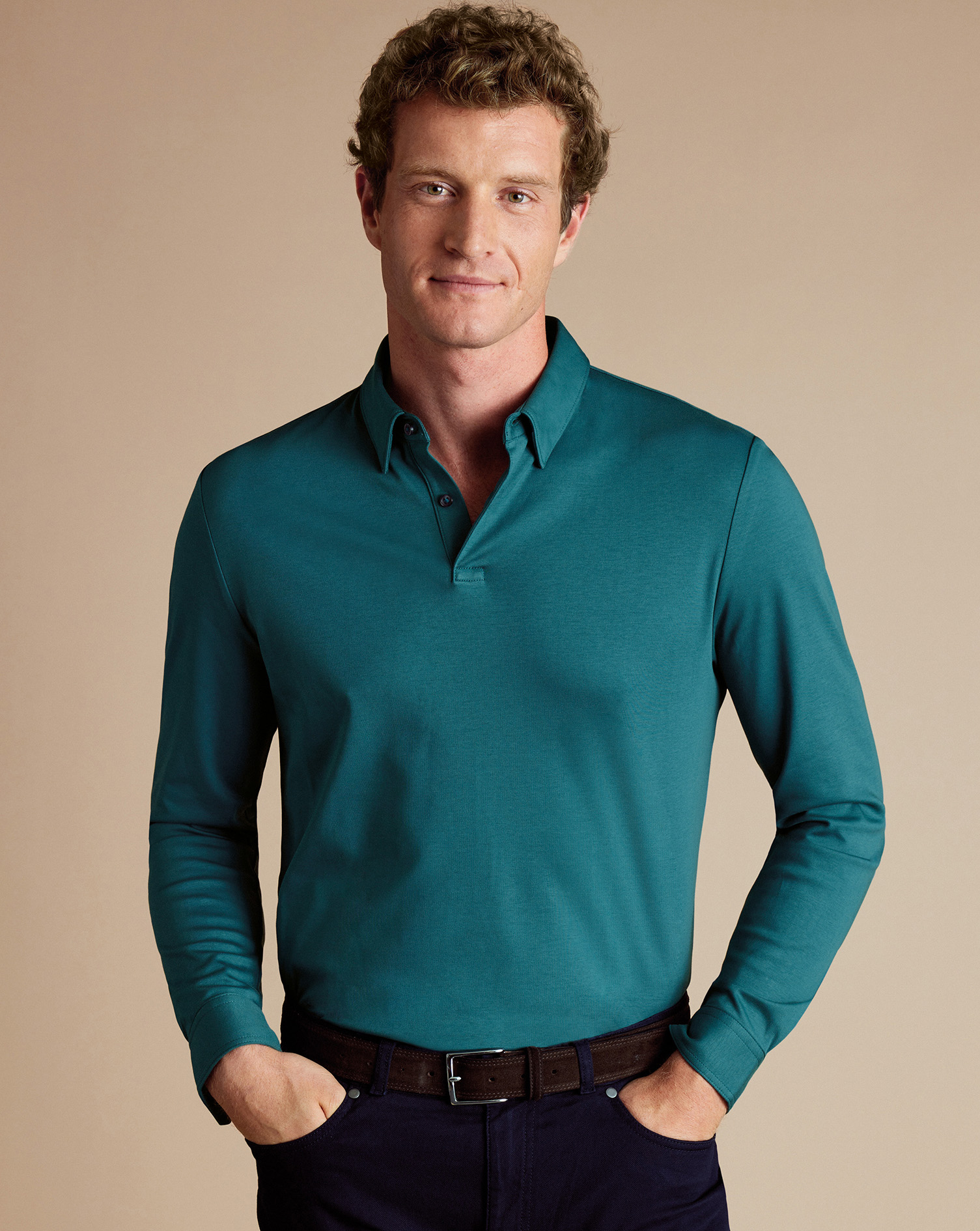 Charles Tyrwhitt Smartes Langarm-Polo aus Jersey - Aquamarin von Charles Tyrwhitt