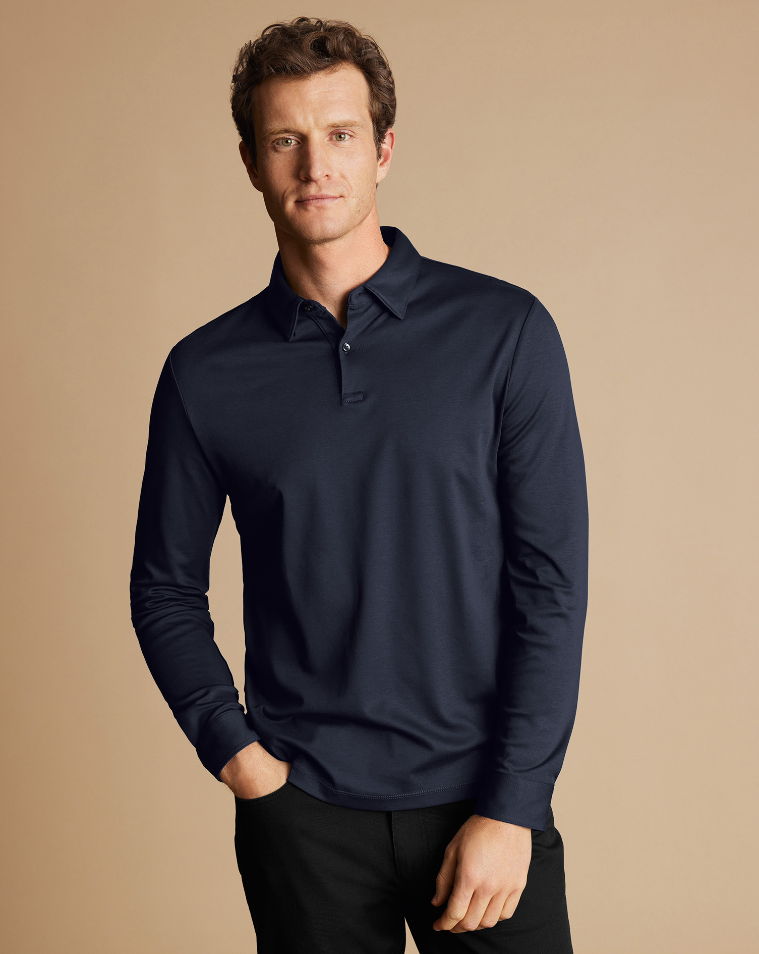 Charles Tyrwhitt Smartes Langarm-Polo aus Jersey - Marineblau von Charles Tyrwhitt