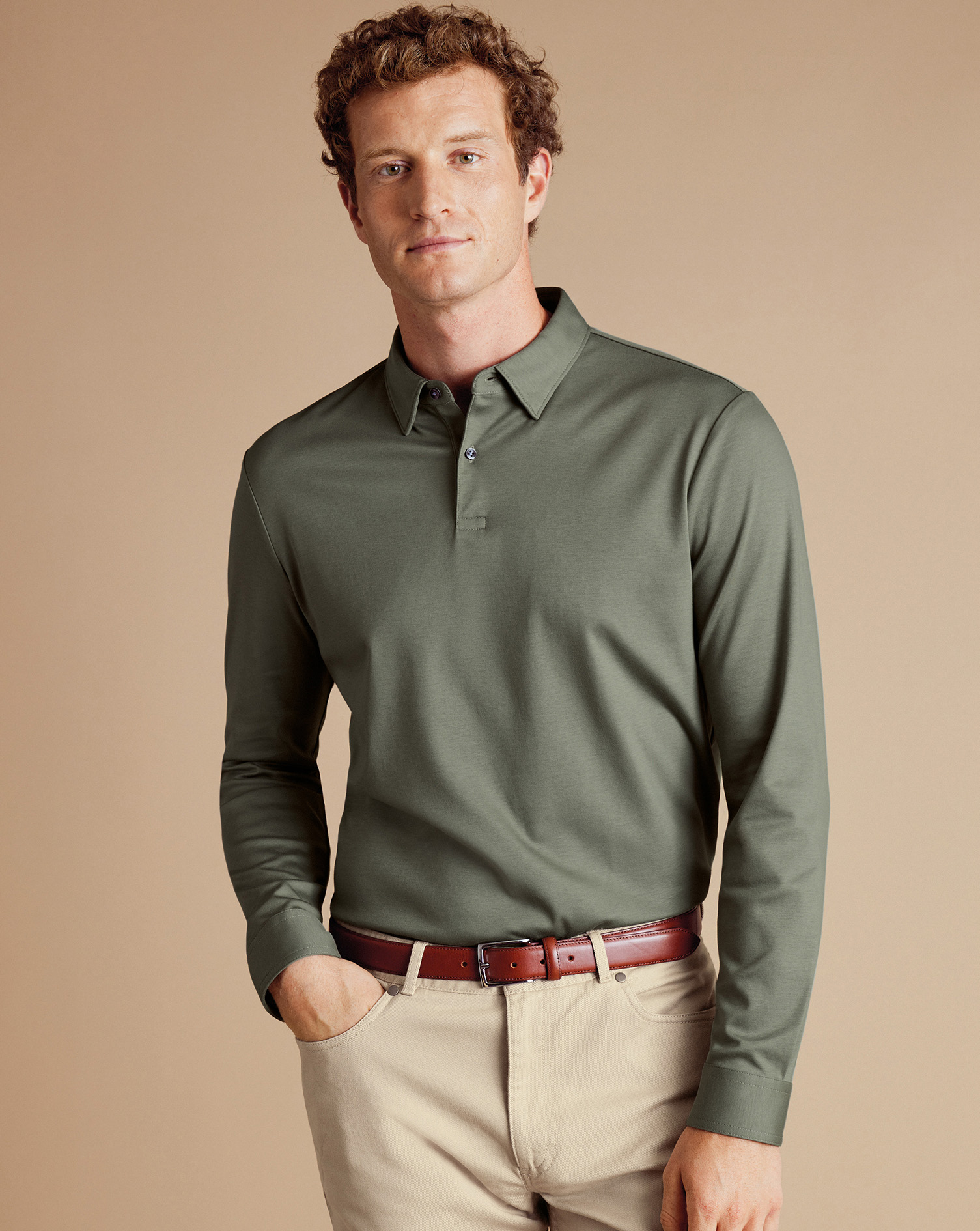 Charles Tyrwhitt Smartes Langarm-Polo aus Jersey - Salbeigrün von Charles Tyrwhitt