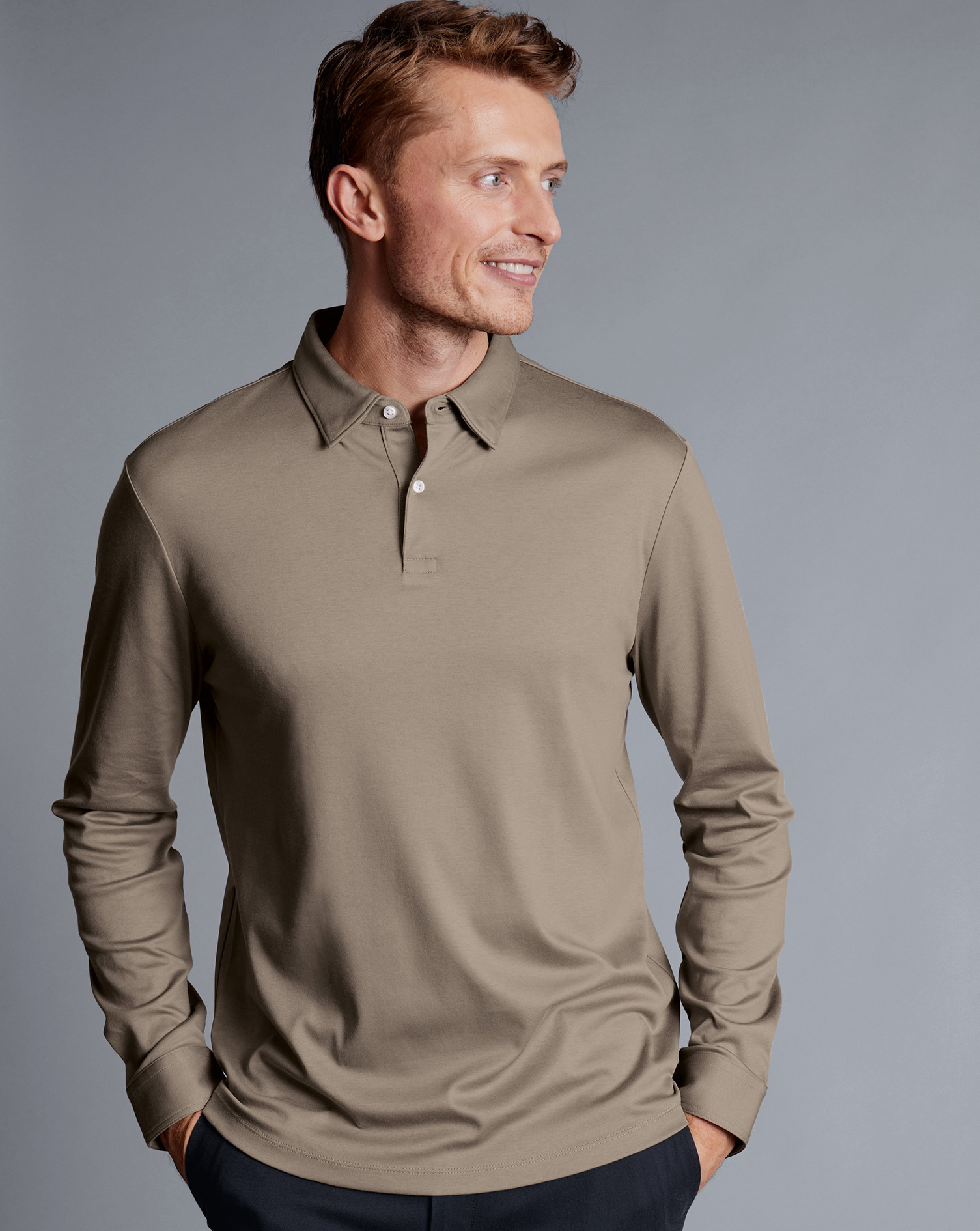 Charles Tyrwhitt Smartes Langarm-Polo aus Jersey - Taupe von Charles Tyrwhitt