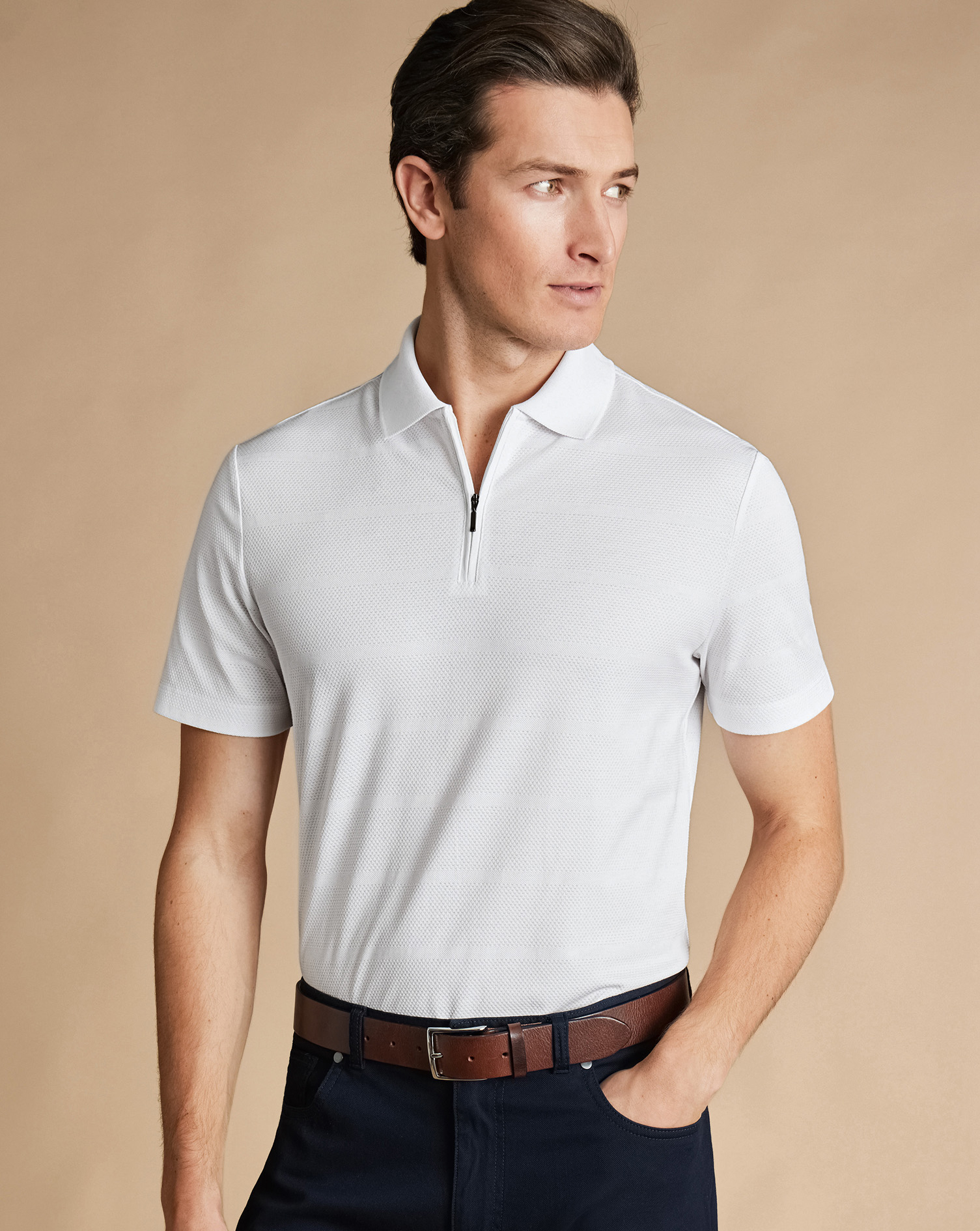 Charles Tyrwhitt Tyrwhitt Cool Polo mit Popcorn-Struktur und Streifen - Weiß von Charles Tyrwhitt