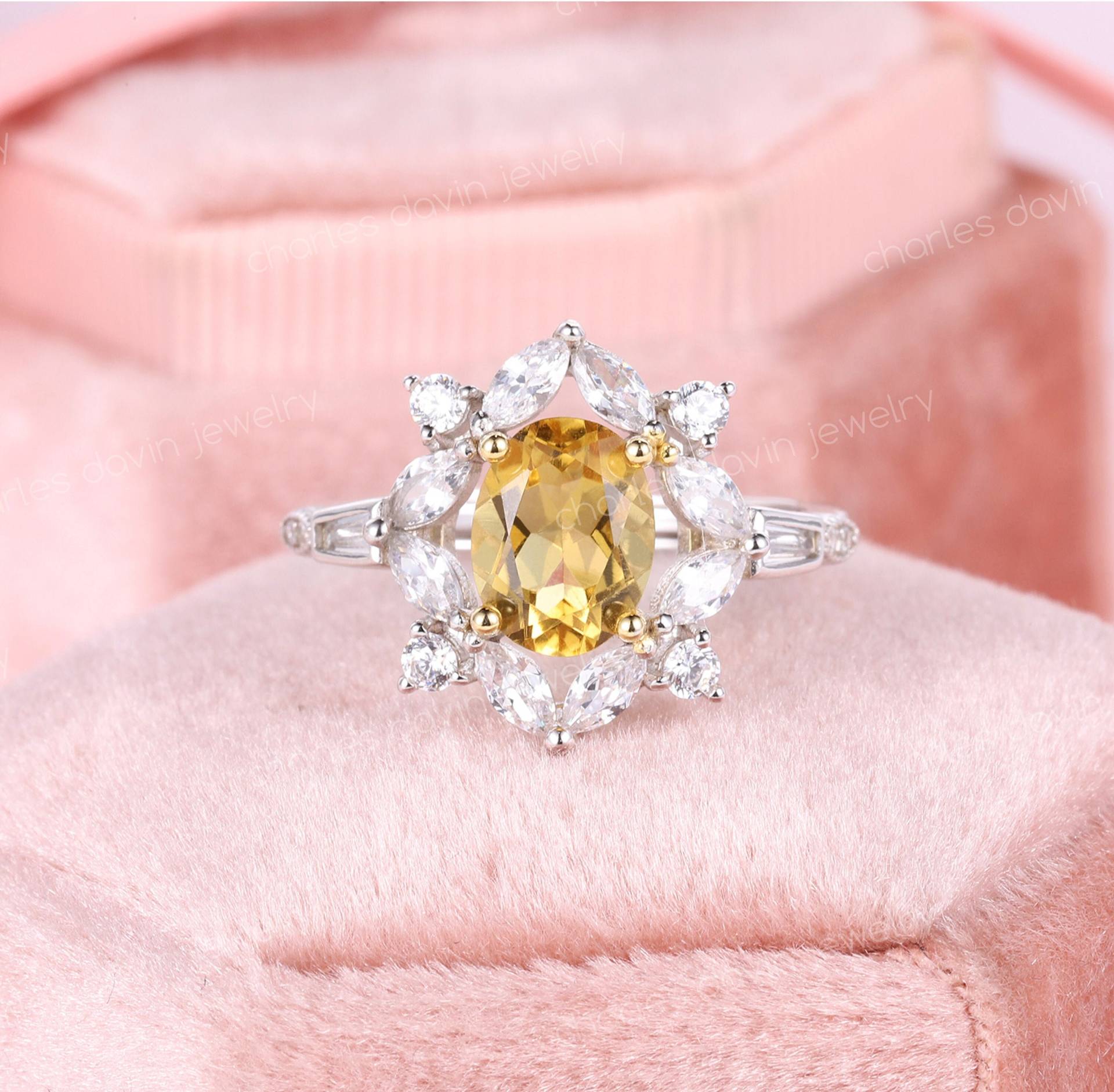 1.5Ct Oval Cut Natürlicher Kanariengelber Saphir Verlobungsring, Marquise Diamant Heiligenschein Versprechen, Cocktail Bold Statement Einzigartige von CharlesDavinJewelry