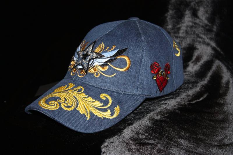 Denim Rebel Chic Baseball Cap Stars & Wings Coole Damen Hut Urbanwear von CharlesKingParis