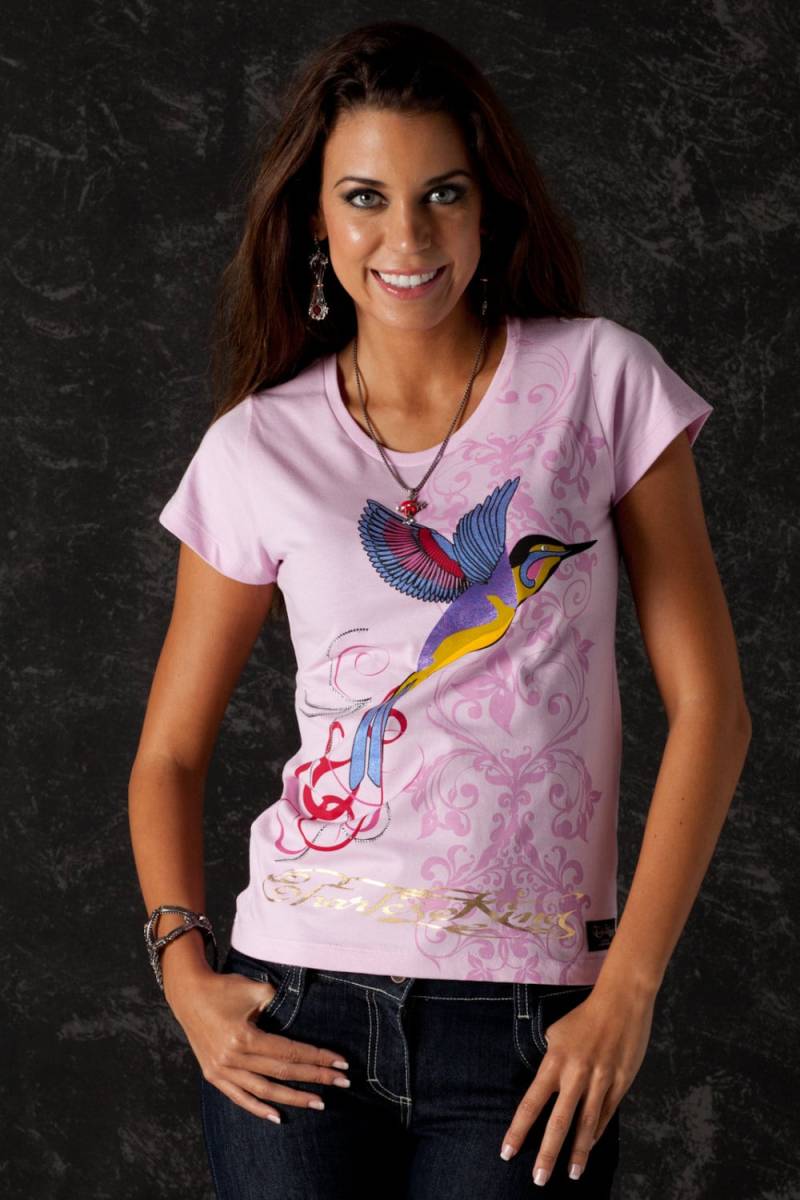 Rundhals Frauen T-Shirt-Colibri - Siebdruck-strass-Rebel Chic Glam Rock von CharlesKingParis