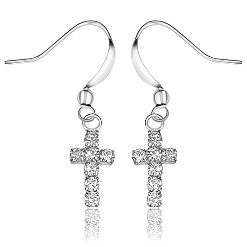 Charm Buddy Hängende Ohrringe zur Erstkommunion für Mädchen mit Geschenktüte, Geschenke zur Erstkommunion für Mädchen, Schmuck zur Erstkommunion für Mädchen (1. funkelndes versilbertes Kreuz) von Charm Buddy