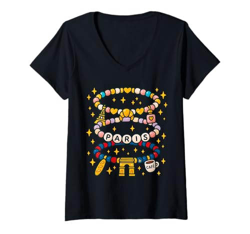 Damen Paris Freundschaftsarmband Perlen Charm Design T-Shirt mit V-Ausschnitt Damen Paris Freundschaftsarmband Perlen Charm Design T-Shirt mit V-Ausschnitt von Charm City Threadz