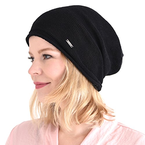 CHARM Seide Slouch Beanie Strickmütze - Groß Chemo Kopfbedeckung Locken Haare Schwarz von CHARM