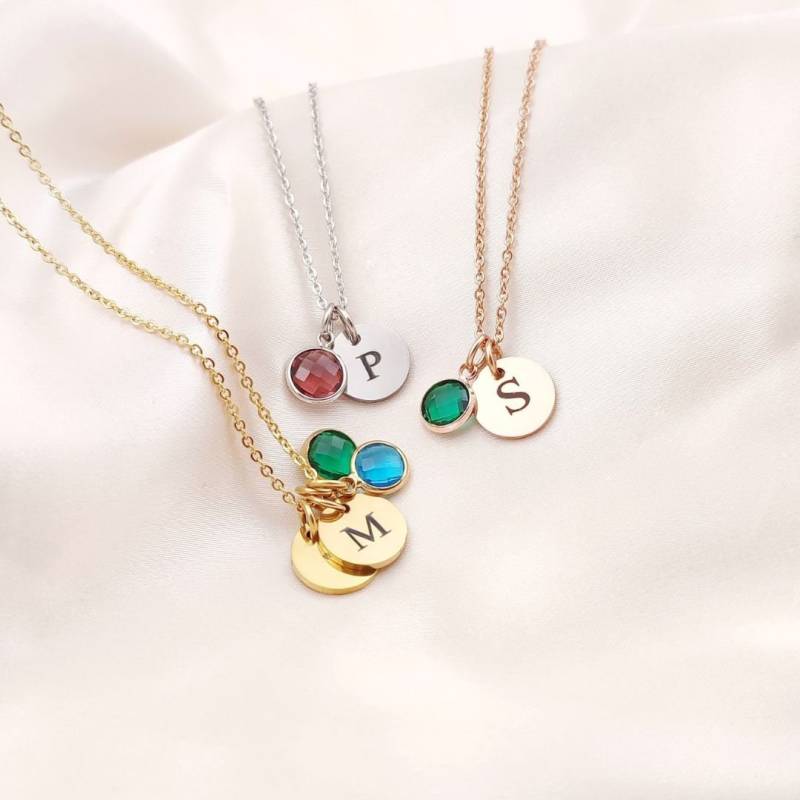 Personalisierte Mini Halskette Mit Geburtsstein, Zierliche Halskette, Geburtsmonat, Geburtsstein 2 Initial von CharmBearUK