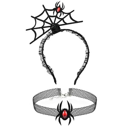 CharmBurst 2 Stück Halloween Spinnen Haarreif Und Halsband Schwarz Rot, Spinnenkostüm Kopfschmuck Set, Haarschmuck Verkleidung Cosplay Party Deko von CharmBurst