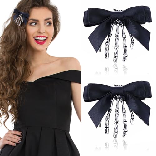 CharmBurst 2 Stück Skelett Hand Haarklammer Mit Schleife, Skull Hair Claw Für Mädchen, Gothic Haarschmuck Spinne Haarspange, Emo Y2K Accessoires, Spider Web Claw Clip von CharmBurst