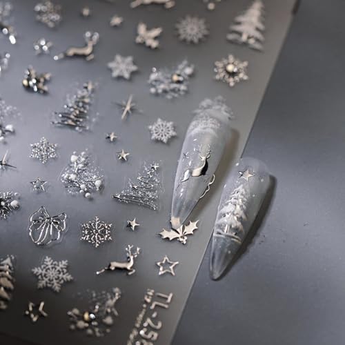 CharmBurst 2 Stück Weihnachten Silber Nagelaufkleber Schneeflocken Nageldesign Aufkleber 5D Relief Selbstklebende Strasssteine Mit Design Weihnachtsbaum Nagelaufkleber von CharmBurst
