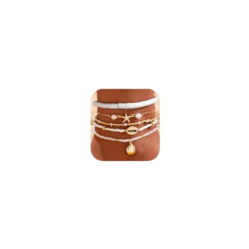 CharmBurst 5 Stück Muschel Knöchelband Set Für Frauen, Boho Perle Handgefertigt Verstellbarer Fußkettchen, Hawaiistrand Muschel Seestern Fußschmuck von CharmBurst