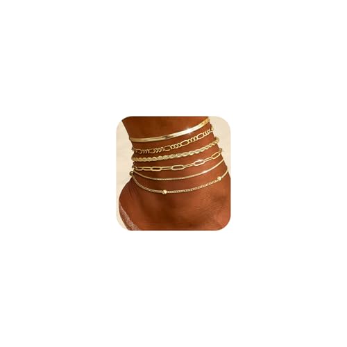 CharmBurst 6 Stück Gold Fußkettchen, Gold Plattierte Gliederkette, Cuban Link Chain, Herringbone Design, Schicht Fußkettchen Set, Sommer Fußschmuck, Dekorative Fußkette von CharmBurst