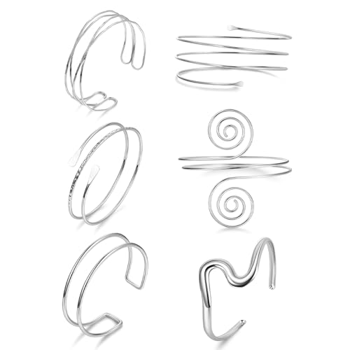 CharmBurst 6 Stück Silberne Armreifen für Damen, Verstellbare Oberarmreifen, Offene Bangle-Armbänder, Spirale Armreifen Set, Boho-Armbänder, Armreif Oberarm von CharmBurst