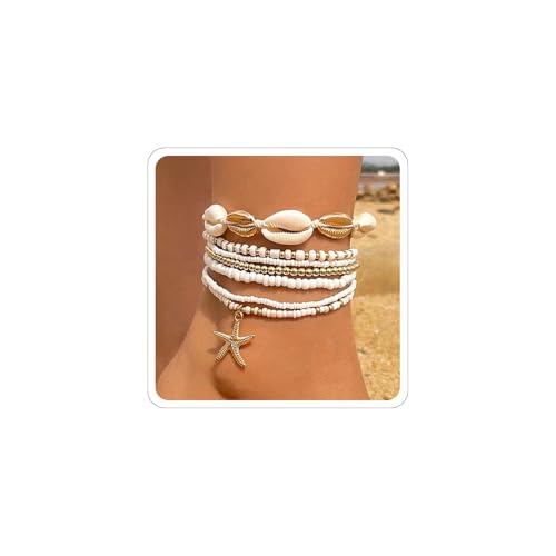 CharmBurst 7PCS Muschel-Fußkettchen, Strand-Fußschmuck, Boho-Stack-Stretch-Perlen, Hawaiianische Sommer-Schmuck-Set, Elegante Wasserdichte Surfer-Armbänder von CharmBurst