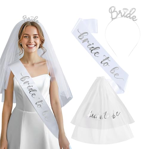 CharmBurst Bride to Be Verlobte Schleier mit Haarreif und Schärpe, 2-teilig Weißer Tüllschleier, Brautgeschenk, Junggesellinnenabschied und Brautjungfernparty-Zubehör von CharmBurst