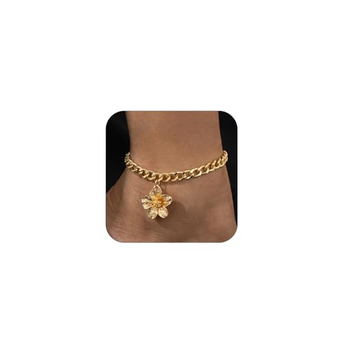 CharmBurst Fußkettchen Gold, Dekoratives Fußschmuck Mit Blumenanhänger, Goldene Gliederkette Mit Dicker Cuban Link Chain, Stilvolle Fusskette Für Frauen von CharmBurst