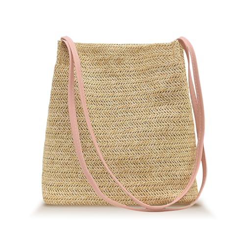 CharmBurst Geflochtene Strohtaschen, Sommer Strandtasche Basttaschen, Modische Boho Handtasche Geflochten, Praktische Korbtasche Umhängetasche, Elegante Sommertasche(rosa) von CharmBurst