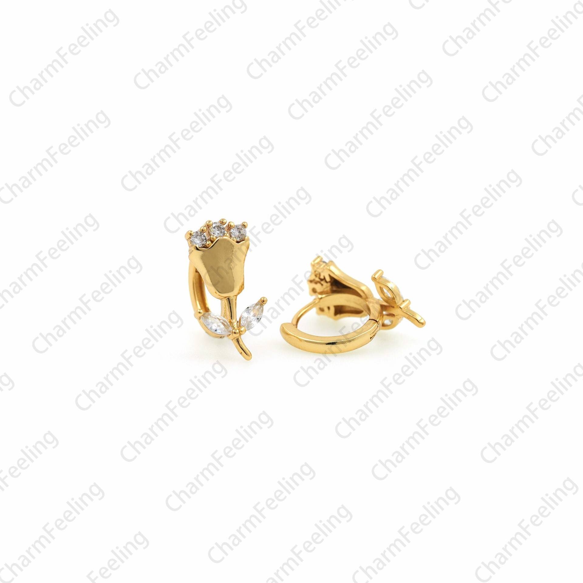 1 Paar, 18K Gold Filled Blumen Ohrringe, Charm, Micropavé Cz Pflanzen Stempel 19x14x10mm von CharmFeeling