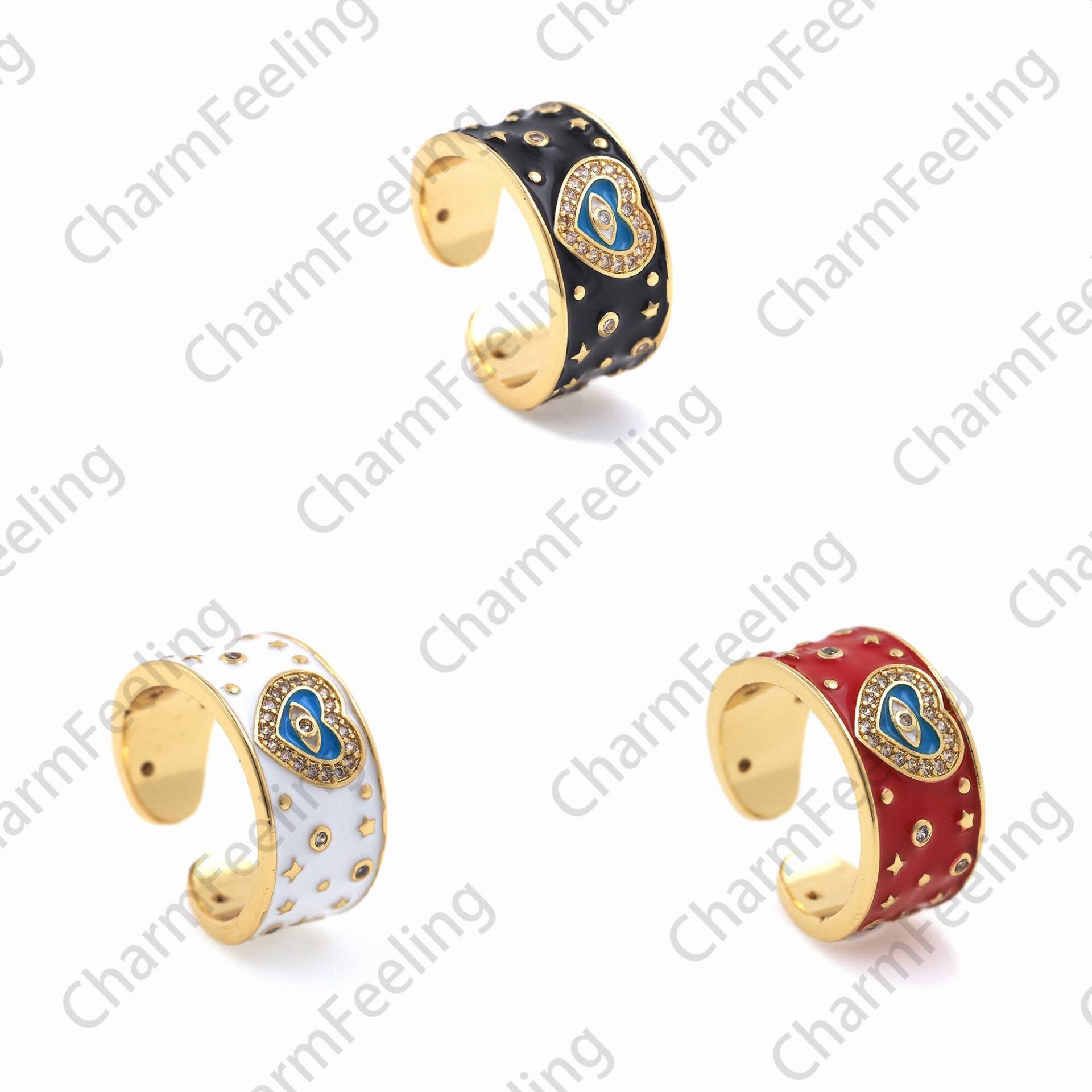 18K Gold Filled Breiter Ring, Emaille Herzförmiger Augenring, Liebesring, Offener Verstellbarer Herzauge Ring von CharmFeeling