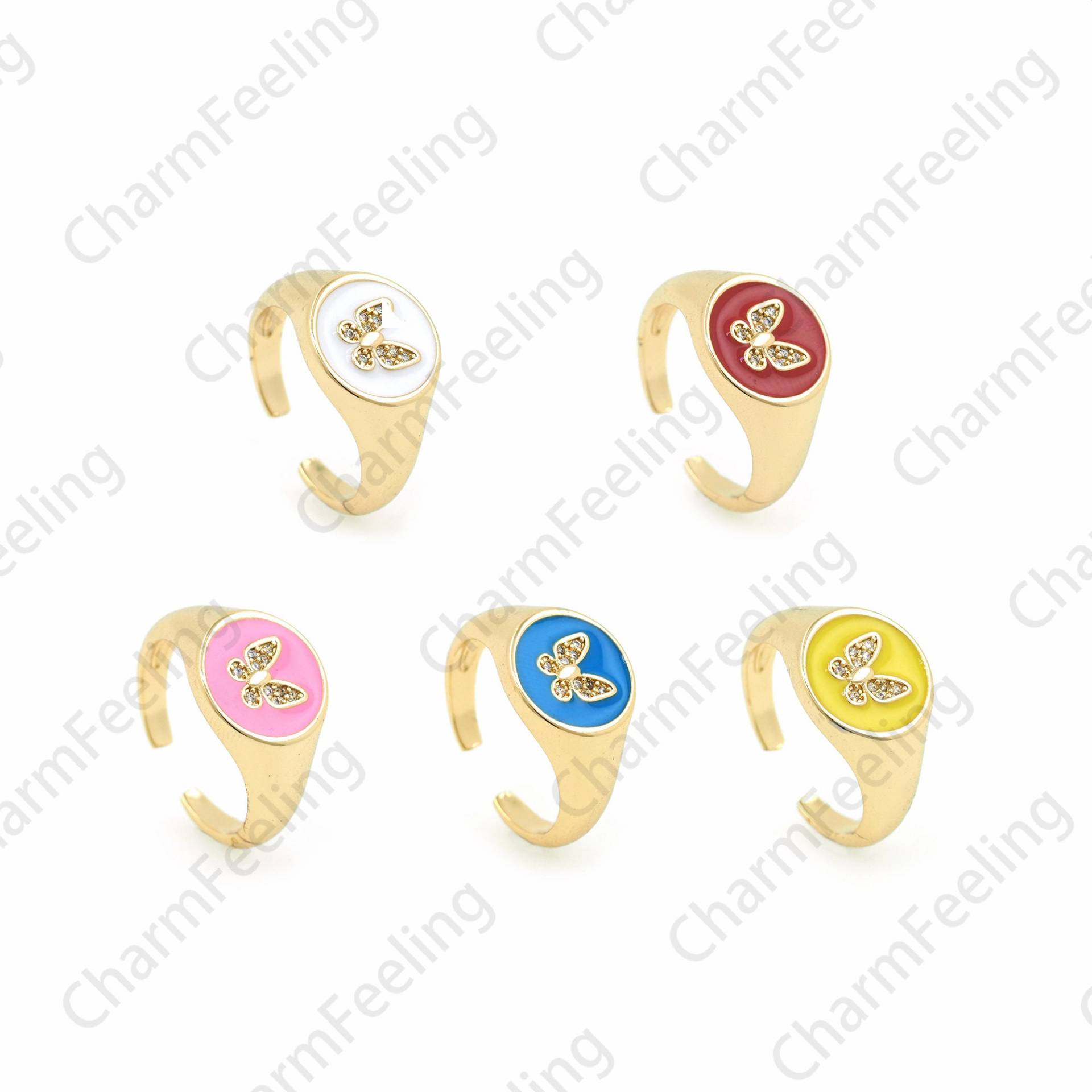 18K Gold Filled Schmetterling Signet Ring, Emaille Micropavé Cz Verstellbarer Offener Charm, Insekt Ring von CharmFeeling