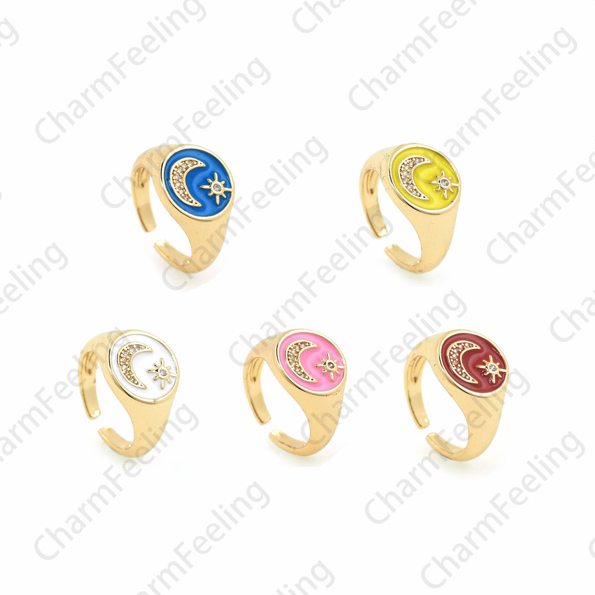 18K Gold Filled Signet Ring, Emaille Charm, Micropavé Cz Offener Verstellbarer Mond Stern Ring von CharmFeeling