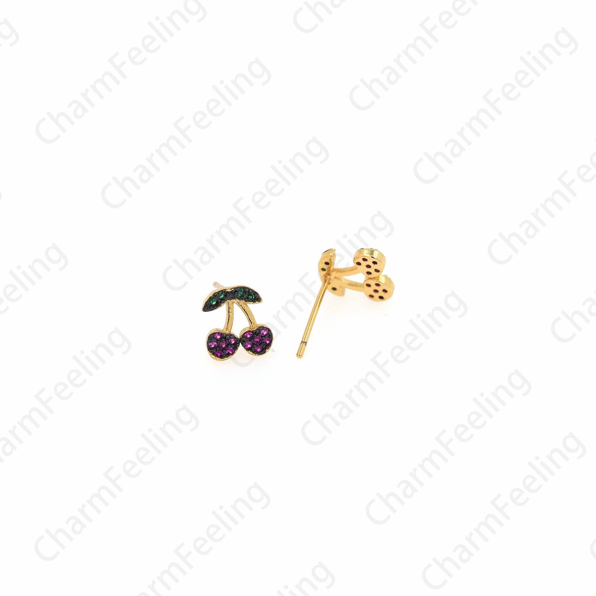 Kirsche Ohrringe, Frucht Micropavé Cz Obst Charm, 18K Gold Filled Ohrstecker, Diy Schmuckzubehör, 8, 5x7, 5mm von CharmFeeling