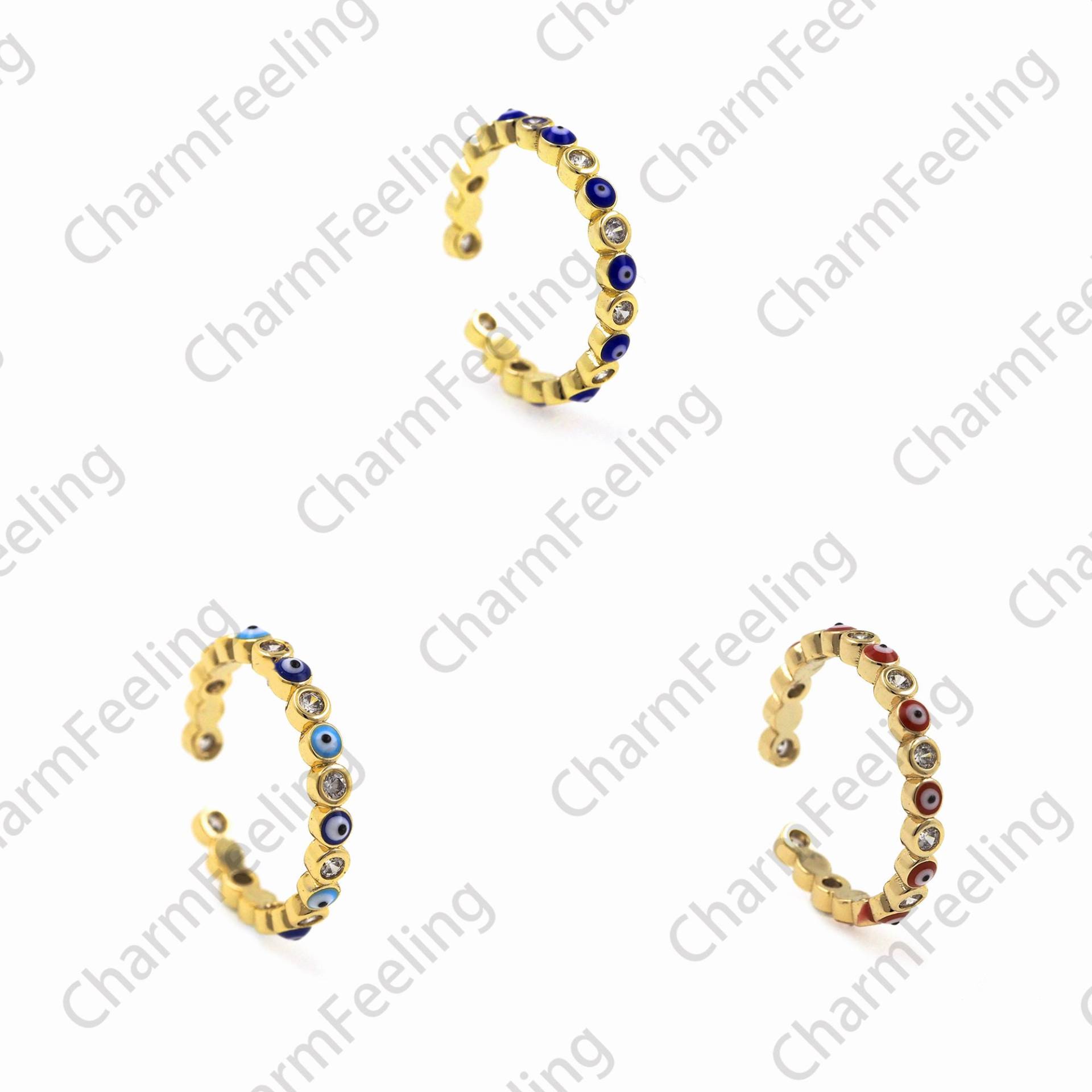 Micropavé Cz Augenring, 18K Gold Filled Emaille Ring, Offener Dünner Verstellbarer Schmuck, Augen Charm von CharmFeeling