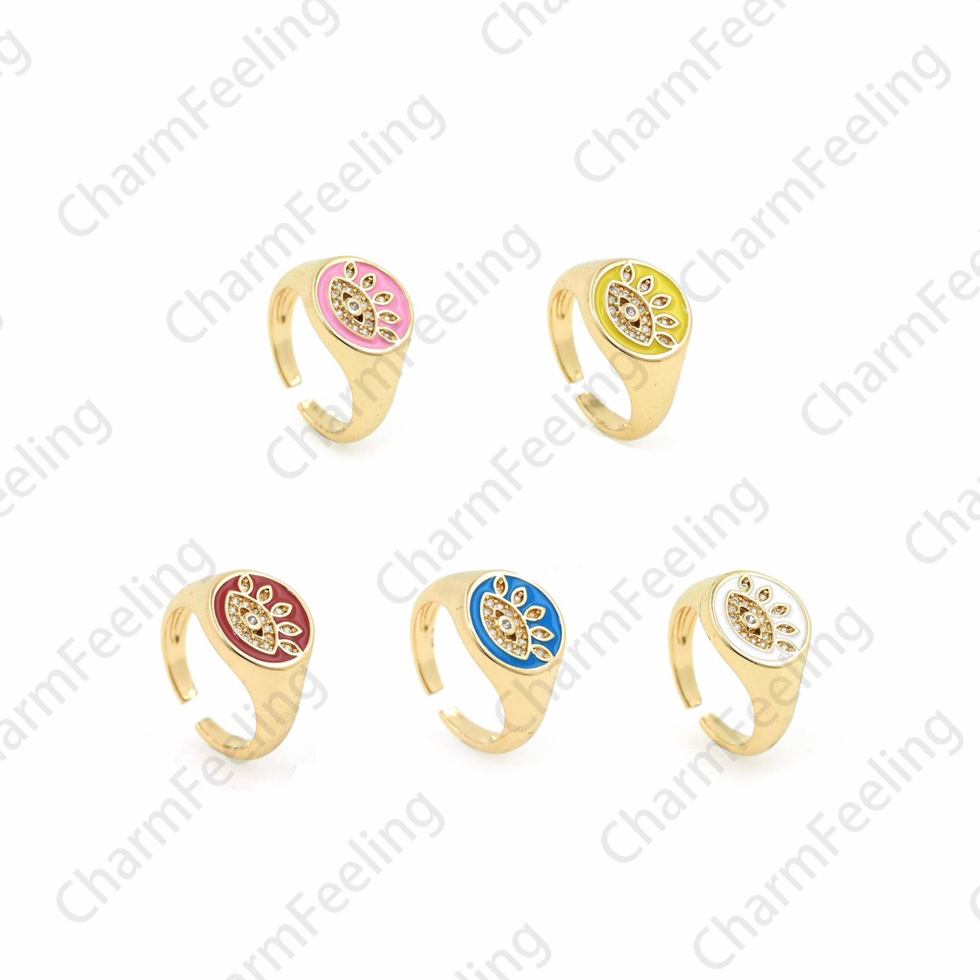 Micropavé Emaille Ring, 18K Gold Filled Teufelsauge Augenring, Offener Verstellbarer Mode Signet Rund Ring von CharmFeeling